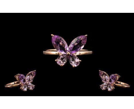 Rose de France Amethyst Butterfly Ring, the wings formed from two marquise cut Rose de France amethysts and two smaller pear 