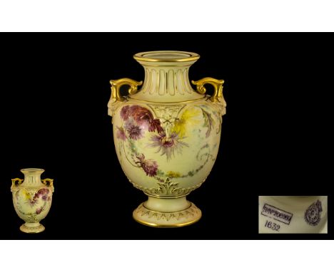 Royal Worcester Hand Painted Blush Ivory Twin Mask Handle - Globular Shaped Vase, Shape No 1632, Decorated with Painted Image