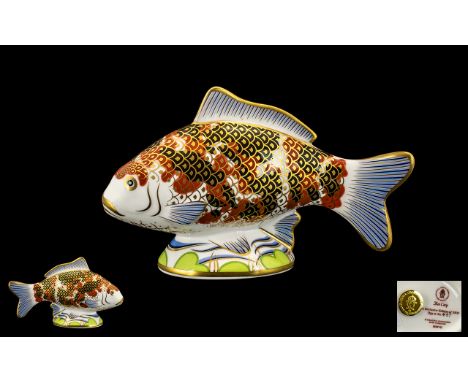 Royal Crown Derby Exclusive &amp; Numbered Edition Handpainted Paperweight 'Koi Carp'.  Gold stopper, date 2007.  This paperw