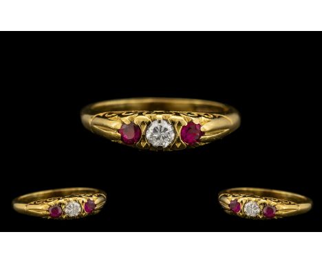 Late Victorian Period 18ct Gold Excellent Quality Three Stone Ruby and Diamond Set Ring, gypsy setting, hallmarked London 190