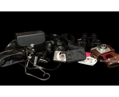 Collection of Cameras comprising Fujifilm Finepix HS10, in carrying case; Swift Tecnar 8 x 30 Binoculars in case; Opticrom BC
