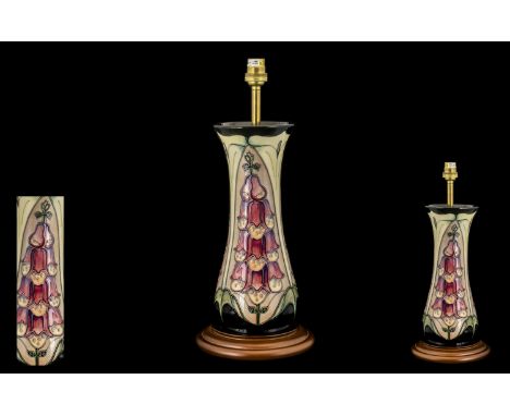 Moorcroft Modern Design Tubelined Lamp Base of Tall Waisted Form 'Foxglove' Pattern, designer Rachel Bishop, date 1993, first