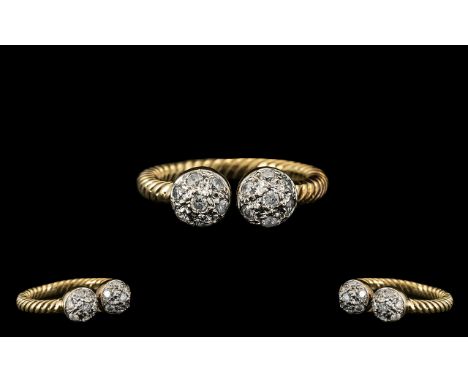 Unusual 9ct Gold Twin Bauble Diamond Set Cluster Ring.  The shank of rope-twist design, full hallmark 9.375 to interior of sh