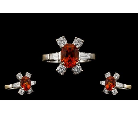 Stunning 18ct White Gold Orange Sapphire and Diamond Dress Ring of Top Quality In All Aspects. c.1940's / 1950's. The Rare Ce