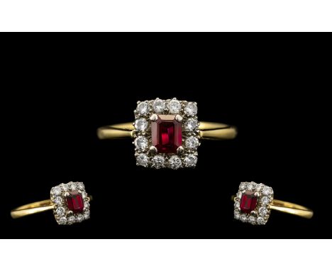 18ct Gold and Platinum Attractive and Nice Quality Diamond and Ruby Set Cluster Ring - marked platinum and 18ct. The central 