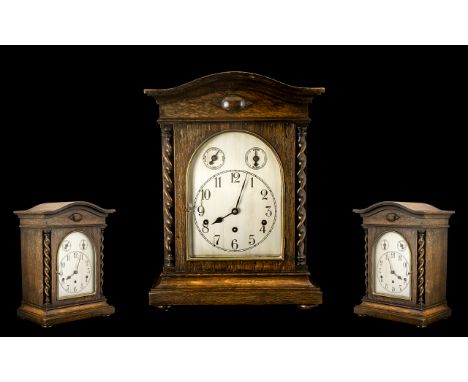 Kienzle Clock Company Large and Impressive German 8 Day Chiming and Striking Oak Cased Mantel Clock, c1920, with Westminster 