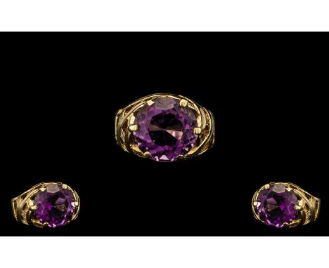 9ct Gold Attractive Single Stone Amethyst Set Ring marked 9ct.  The faceted Amethyst of excellent colour/clarity.  Est. weigh