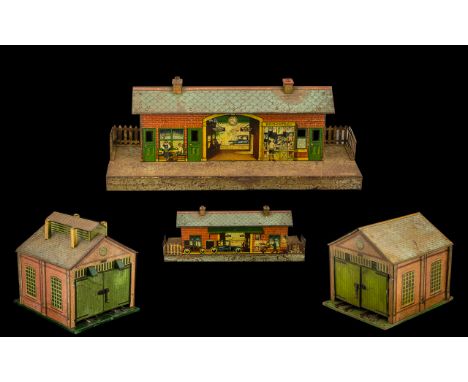 Hornby Tinplate Double Engine Train Sheds of large proportions, from the 1920s, plus a Windsor Railway Station/Platform, from