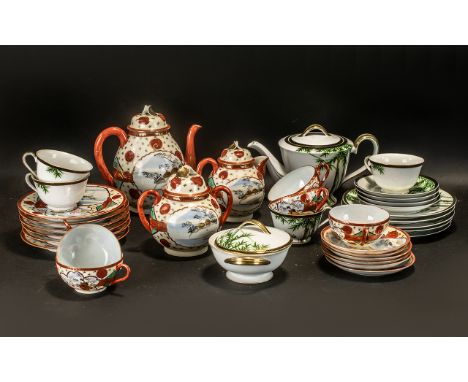 Collection of Oriental Porcelain, including:  Handpainted Japanese tea set in white ground with bamboo decoration and gold tr