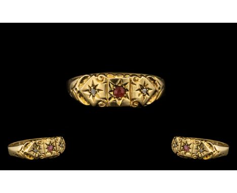 Late Victorian Period Attractive 18ct Gold Ruby and Diamond Set Ring, c1890s, excellent ornate setting, the gold of a pleasin