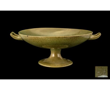 Royal Lancastrian Superb Mottled Green Twin Handled Pedestal Fruit Bowl of excellent proportions and design, 1930s; Royal Lan