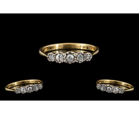 Antique Period Pleasing Five Stone Diamond Set Ring from the early 20thC, marked 18ct; the five semi cushion cut diamonds of 
