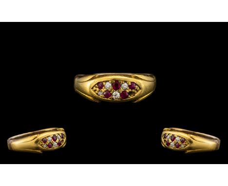 Antique Period 18ct Gold Attractive Ruby and Diamond Ring, marked 18ct, the rubies of excellent colour, diamonds crisp and cl