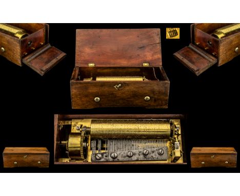 Swiss Made Good Quality Early Mechanical Cylinder Music Box with Rectangular Walnut Case; mid 19thC, with solid brass bed pla