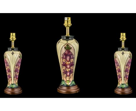 Moorcroft Tubelined Lamp Base 'Foxglove' Design.  Designer Rachael Bishop, dated 1993.  Height 12" - 30 cm.  First quality, m