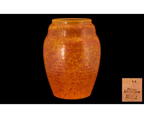 Royal Lancastrian Mottled Orange Ribbed Ovoid Vase of pleasing proportions, c1930s; impressed Lancastrian stamp to base plus 