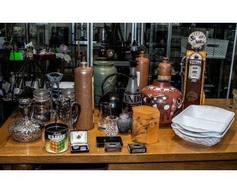 Box of Mixed Collectibles comprising Henkes VO Pottery Bottle; 2 x Bols Porcelain Bottles; Tin Plate Shell Petrol Pump; Brand