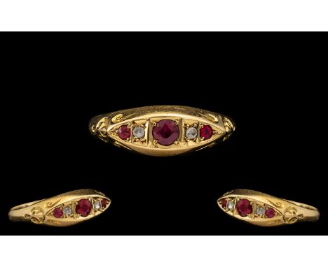 Edwardian Period Attractive &amp; Pleasing 18ct Gold Ruby &amp; Diamond Set Ring.  The rubies of excellent colour - ruby red.