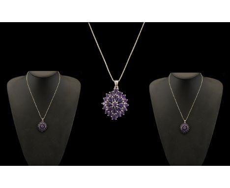 Amethyst Sterling Silver Pendant &amp; Chain.  Lovely oval shaped pendant encrusted with amethysts of good colour and sparkle