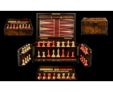 Fine Quality Mid 19thC English Walnut Cased Gentlemans Games Compendium with stained whalebone, turned, chess pieces and drau