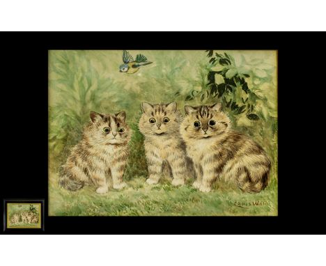 Louis Wain 1860-1939 Wonderful Watercolour of Three Curious Playful Kittens, with small bird flying overhead, in a garden set