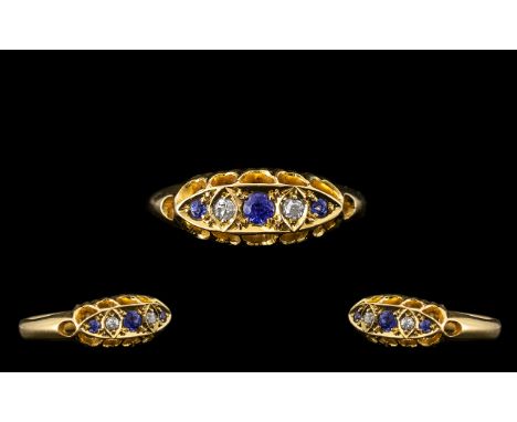 Antique Period Attractive 18ct Gold Five Stone Diamond and Sapphire Set Ring of excellent design and setting; ring size L/M; 