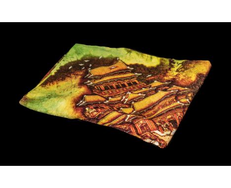 Boxed Chinese Silk Scarf made by Kowloon Shangri-La of Hong Kong.  35" square, colourful amber and orange decoration of birds