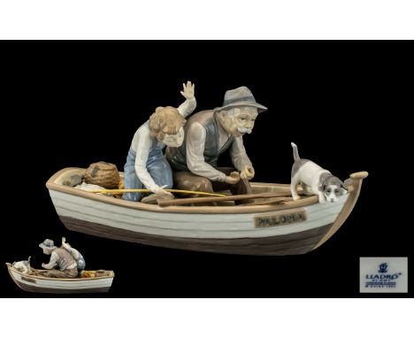 Lladro Large and Impressive Hand Painted Figure Group 'Fishing with Gramps', model no.2351, designer Jose Puche; 8.5 inches (