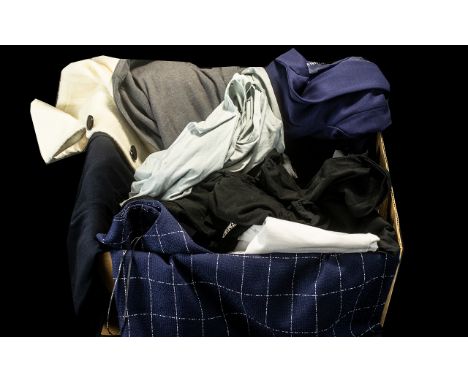 Box of Quality Ladies Designer Clothing, some with labels, comprising: DKNY blue checked dress Size 10 new with tags; Navy En
