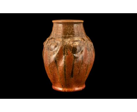 Royal Lancastrian Studio Art Form Mottled Orange Drip Glaze Vase from the 1930's. Excellent lustre and strong colour. Impress