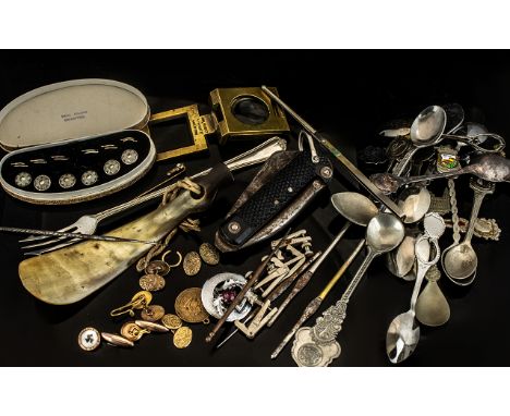 Bag of Miscellaneous Items: Souvenir Spoons, Thread Brackets; Shoe Horn; Pocket Knife; Scotch Brooch; Brash Thread Folding Ey