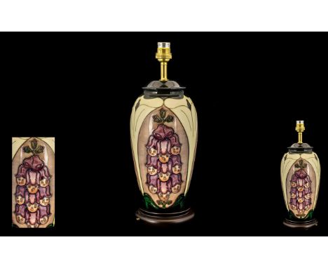 Moorcroft Modern Design Tubelined Lamp Base of Tall Tapered Form 'Foxglove' Pattern, designer Rachel Bishop, date 1993, first