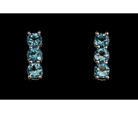 Swiss Blue Topaz Sterling Silver Vintage Earrings.  Lovely silver 925 Topaz earrings, for pierced ears, with three stones for