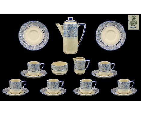 Royal Doulton Art Deco Period Fifteen Piece Coffee Service, 'Envoy' pattern no.5423, comprises 1 coffee pot, 6 cups, 6 saucer