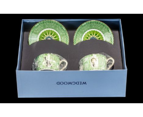 Wedgwood 'A Celebration of the Millennium' Boxed Set of Two Cups &amp; Saucers.  Wedgwood Millennium bone china set in pale g