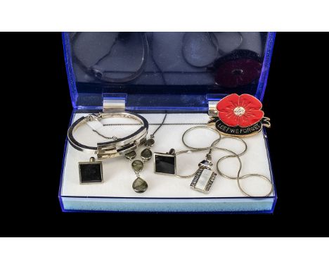 Box of Miscellaneous Costume Jewellery comprising poppy badge, pair of cufflinks, silver pendant and chain, silver bracelet a