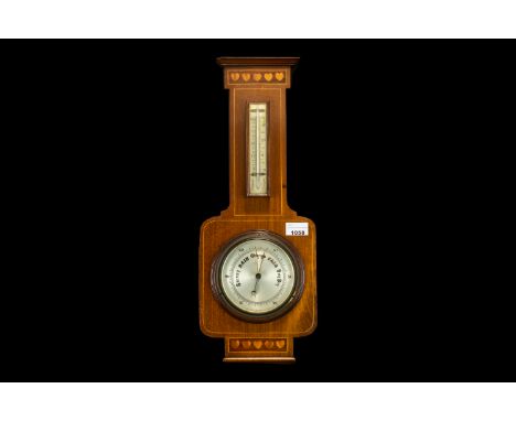 Art Deco Mahogany Inlaid Wall Barometer with thermometer and silvered dial; 20 inches high (A/F).