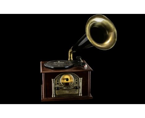 Vintage Mahogany Electric Compact Disc/ Digital Audio/ Record Player in the form of an antique horned gramophone with excelle
