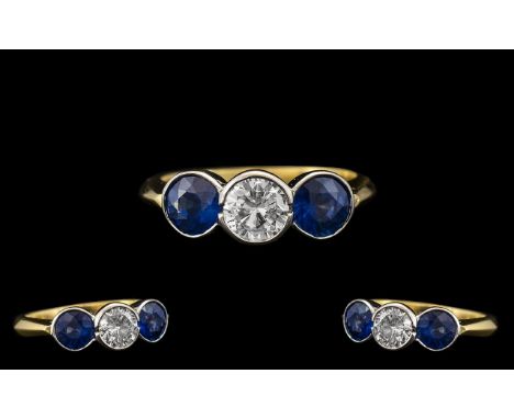 Art Deco Period Stunning Quality and Pleasing 3 Stone Diamond Set Dress Ring. The two round natural cornflower blue sapphires