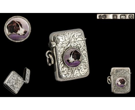 Edwardian Period Excellent Quality Sterling Silver &amp; Enamel Set Vesta Case.  The centre of the Vesta case set with a late