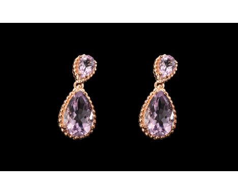 Rose de France Amethyst Pear Drop Earrings, 8cts of pear cut, solitaire, Rose de France amethysts suspended below matching, i