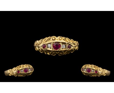 Edwardian Period Attractive Ruby and Diamond Set Ring with excellent ornate setting and colour; hallmarked Birmingham 1913, m