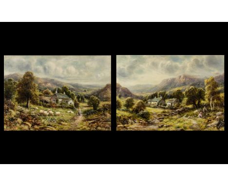 R J Hammond - Pair of Oil Paintings on Canvas depicting country scenes with figures in landscapes, with cottages and sheep in