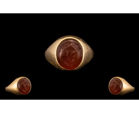 19thC Period Gents 18ct Gold Carnelian Seal Set Ring of excellent quality, not marked, tests 18ct; seal in excellent order, a