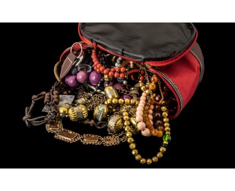 A Collection of 22 Statement Costume Jewellery Pieces  all contained in a red case, comprising:  beads, collars, pendants, an