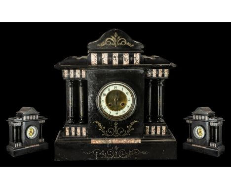 Japy Freres Paris Architectural Design Black Marble Mantle Clock with 8 day striking movement circa 1880. Signed to movement 