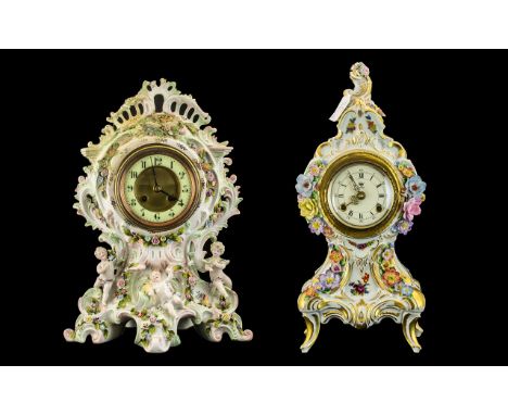 20thC Dresden Mantel Clock of Traditional Rococo Shape, encrusted with flowers and gilt work; enamel dial marked N. Dresden; 