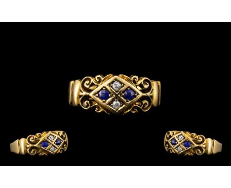 Edwardian Period Attractive Diamond and Sapphire Set Ring, the ornate setting of excellent design, hallmarked Chester 1903, m