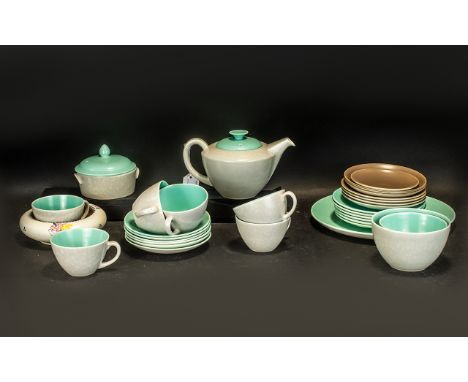 Poole Pottery Hand Made Tea Set in twin-tone Ice Green and Seagull Poole.  Poole Pottery No C57.  Comprises: Tea pot, large a