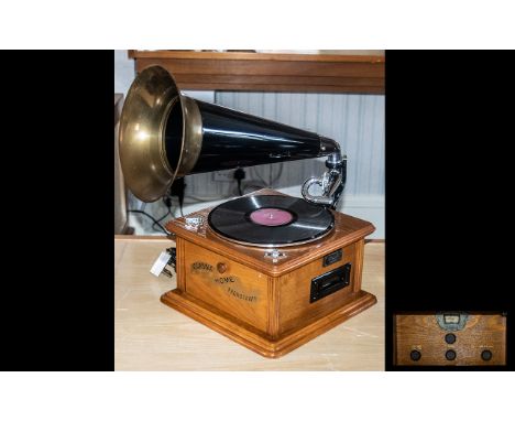 Vintage Oak Cased Classic Home Horned Phonograph c1980s combined digital audio record player and compact disc player, a remin